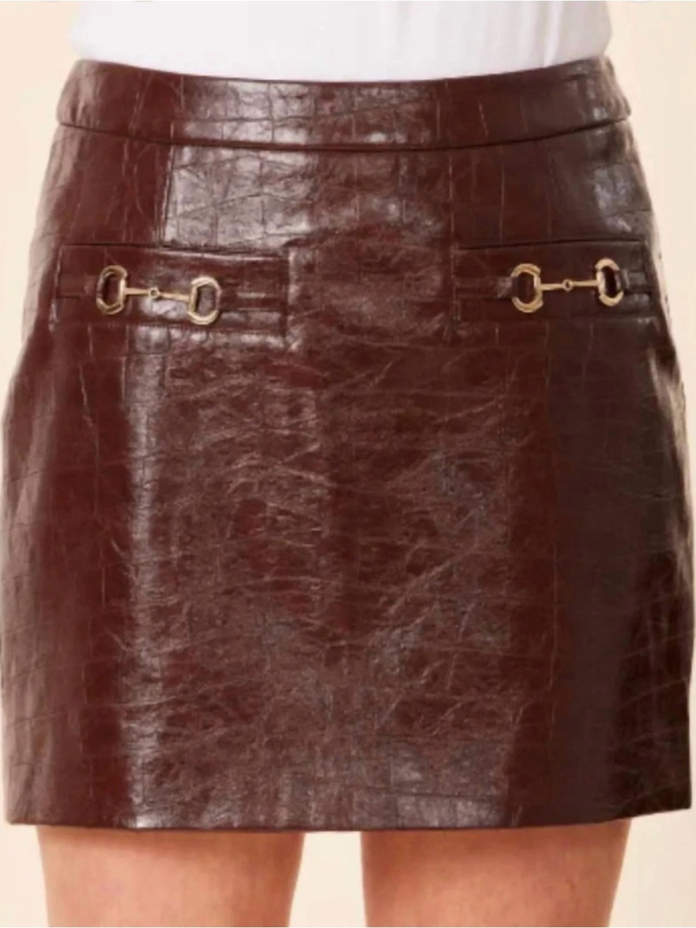 Dolce Cabo Brown Croc-Embossed Mini Skirt with Gold-Tone Hardware